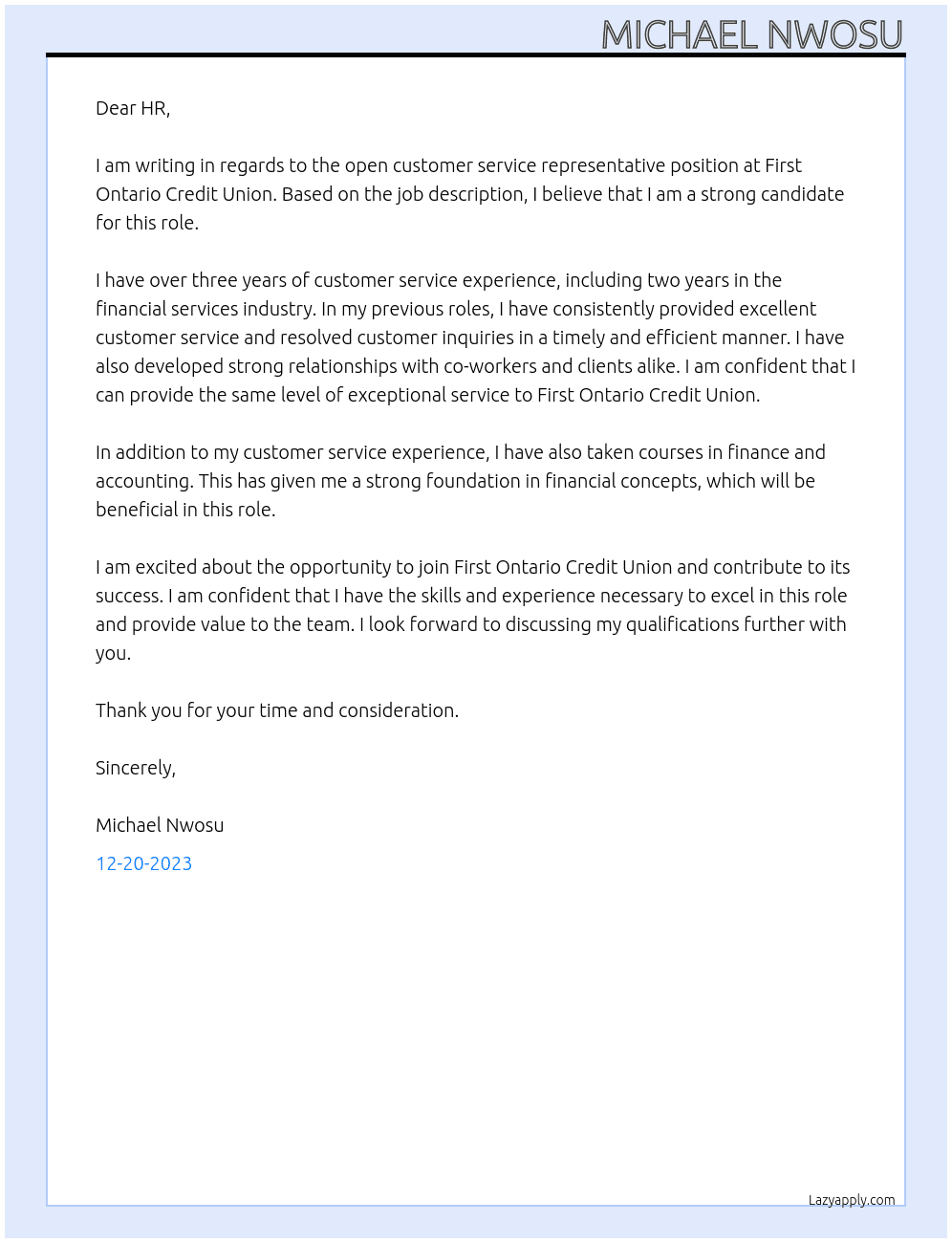 customer service representative At First Ontario Credit Union Cover Letter