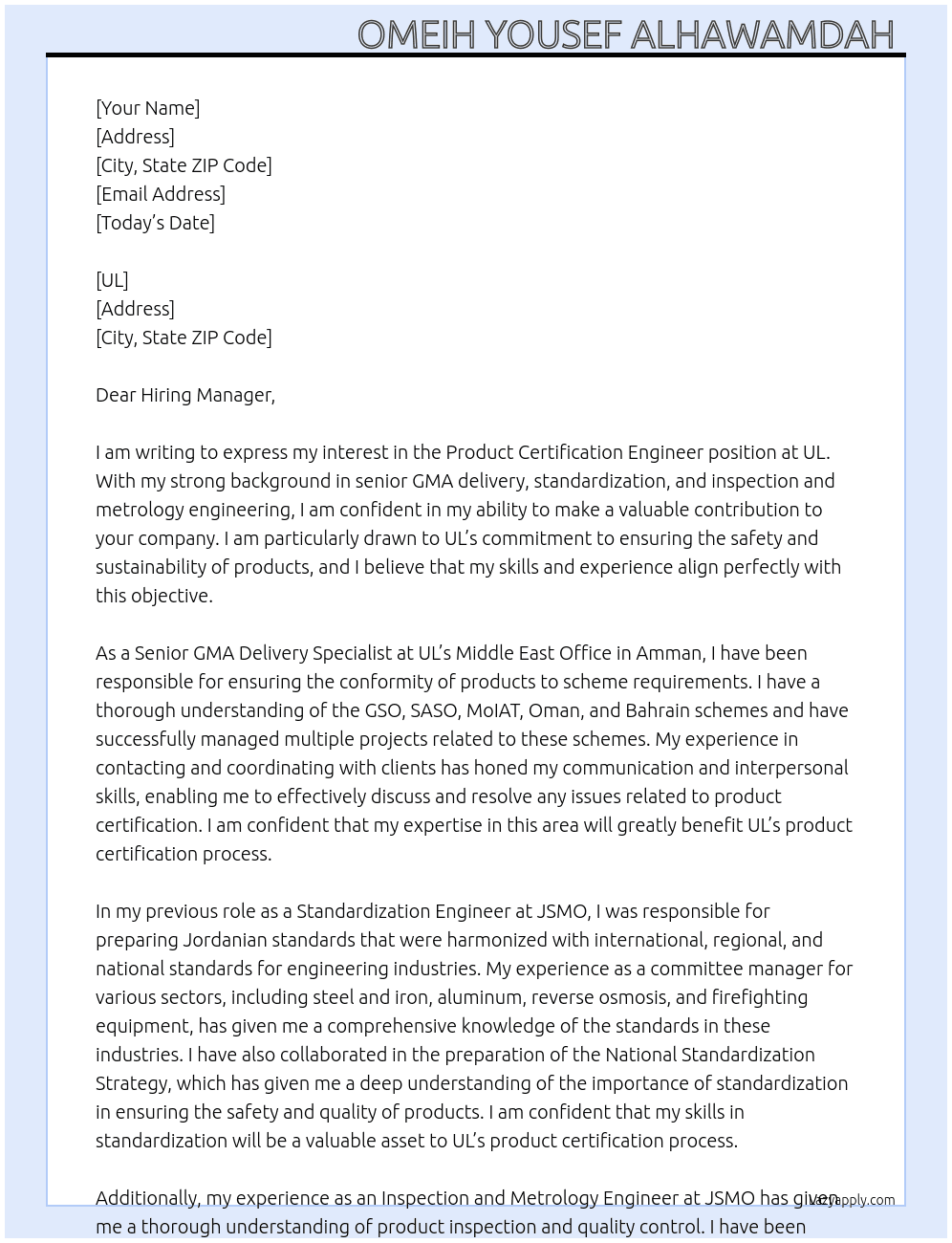 Product Certification Engineer At UL Cover Letter