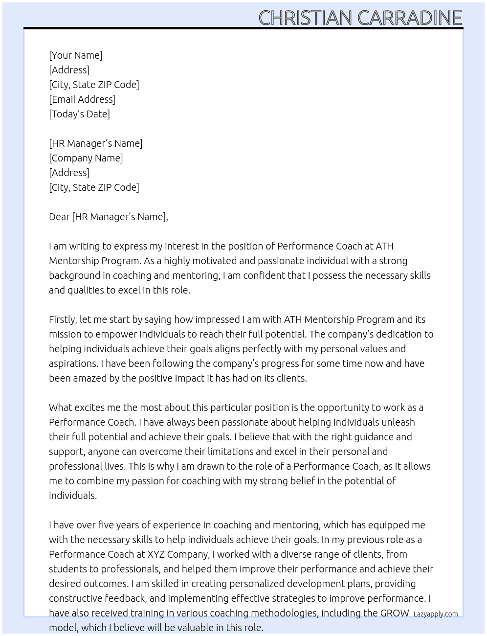 Performance Coach At ATH Mentorship Program  Cover Letter