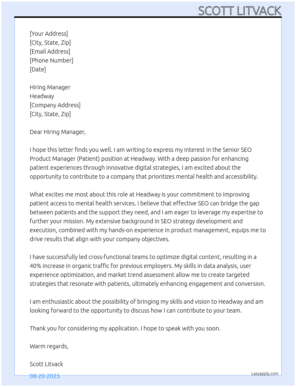 Senior SEO Product Manager (Patient) At Headway Cover Letter