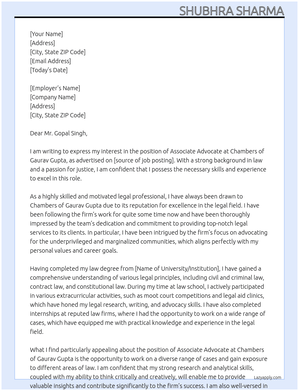 ASSOCIATE ADVOCATE At CHAMBERSOF GAURAV GUPTA Cover Letter