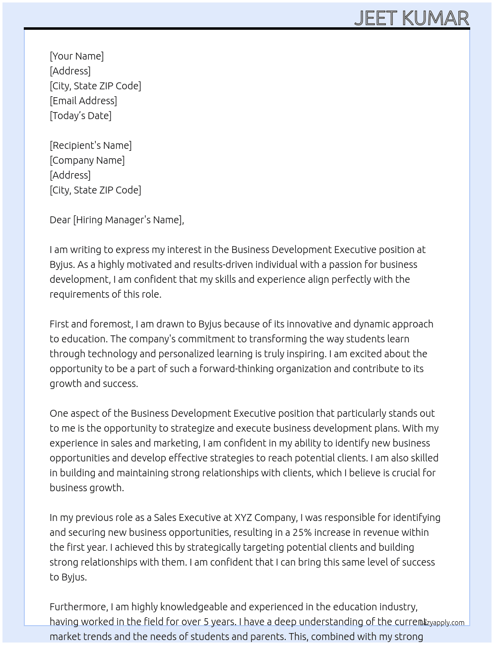Business Development Executive  At Byjus  Cover Letter