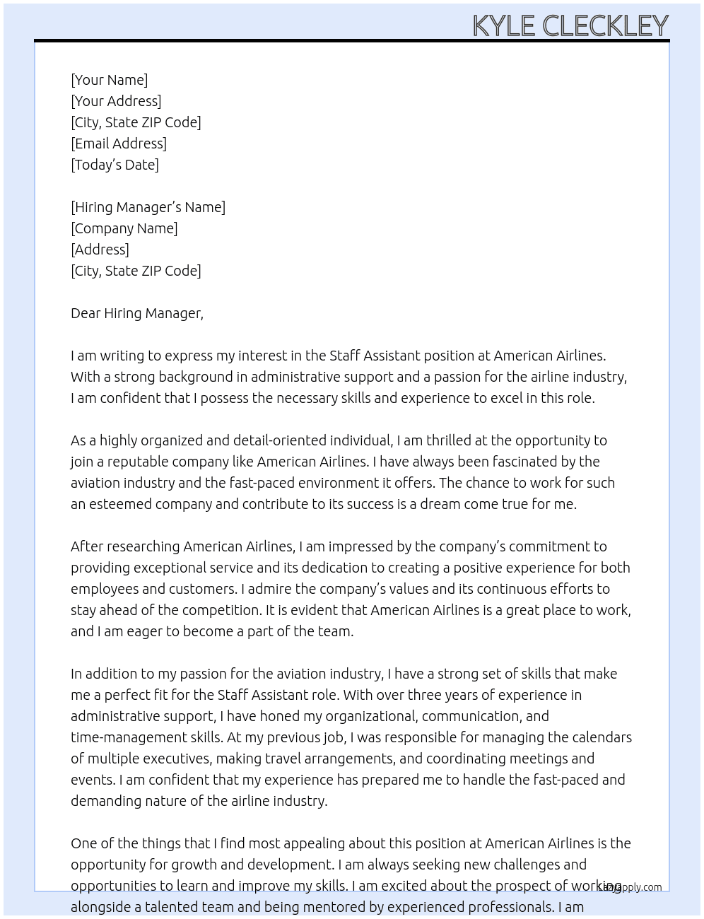 Staff Assistant At American Airlines Cover Letter