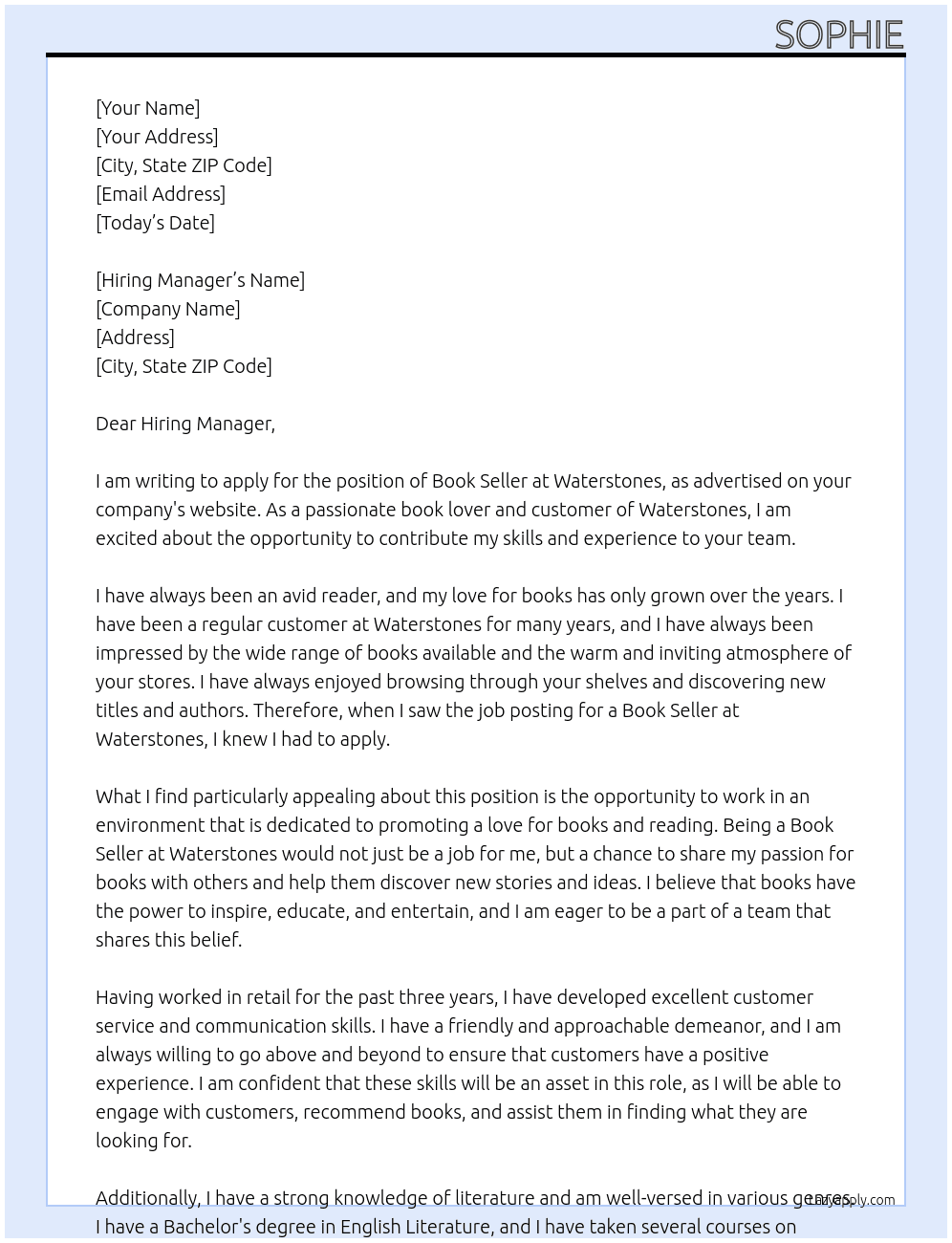 book seller At waterstones Cover Letter