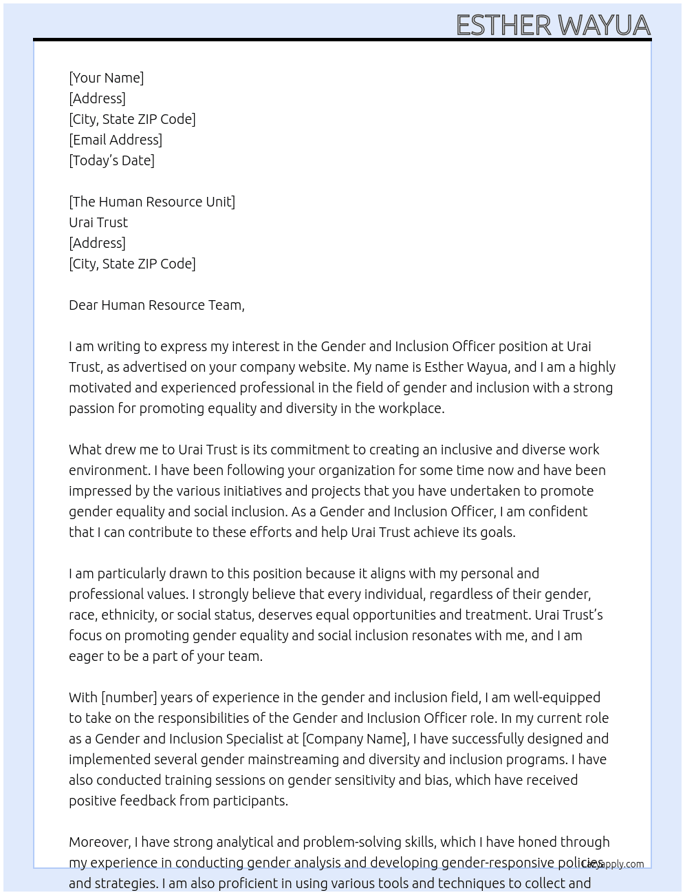 Gender and Inclusion Officer At Urai Trust Cover Letter
