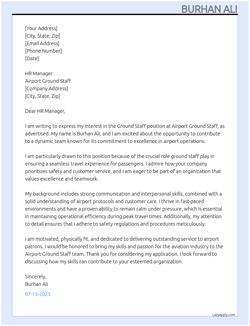 ground staff At AIRPORT GROUND STAFF Cover Letter