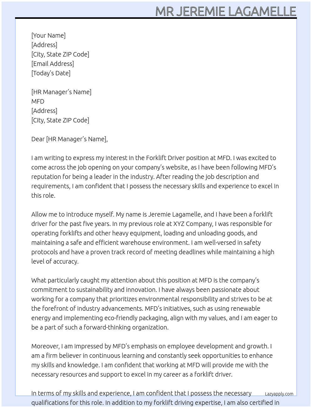 Forklift Driver At MFD Cover Letter