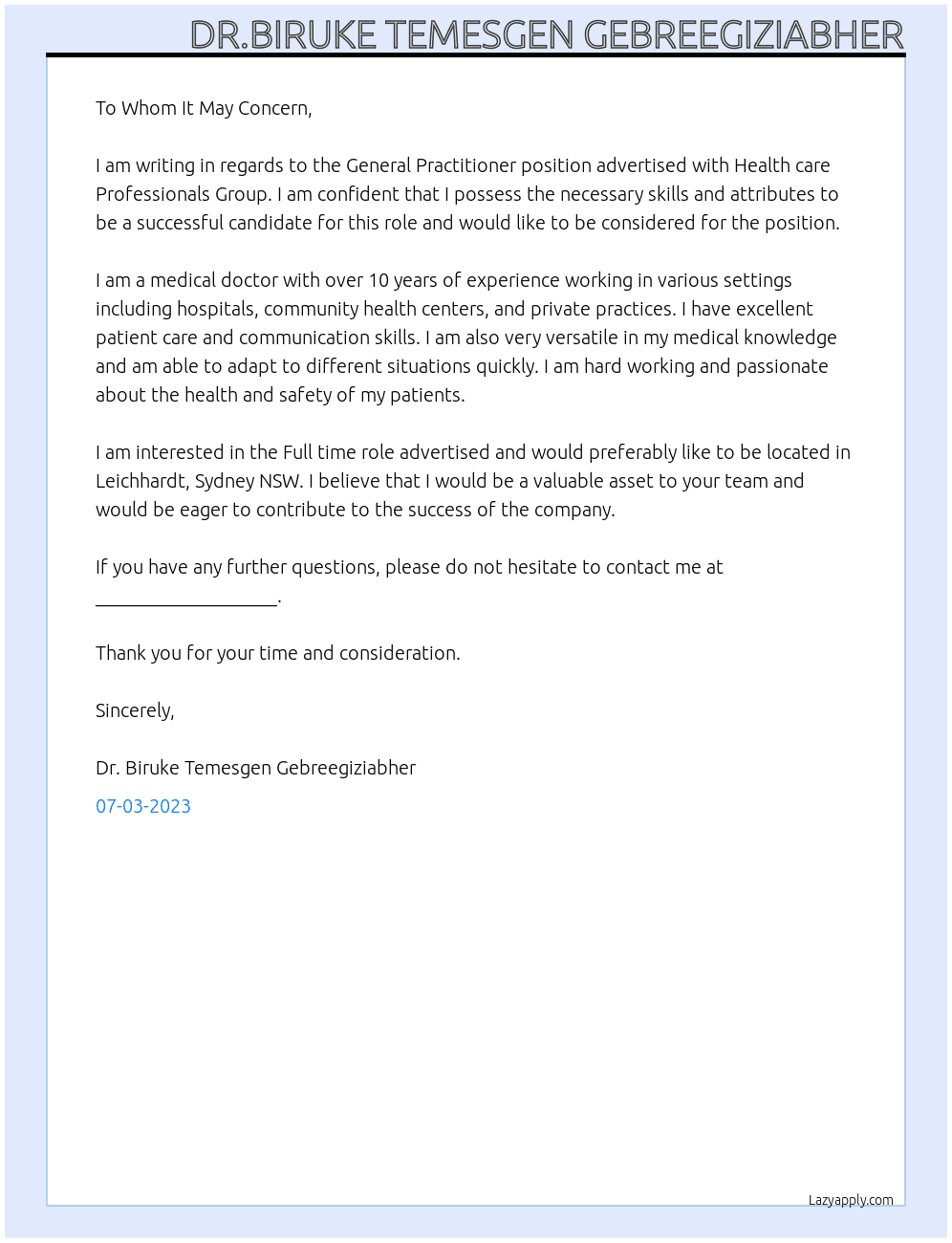 General practitioner At Health care Professionals Group  Cover Letter