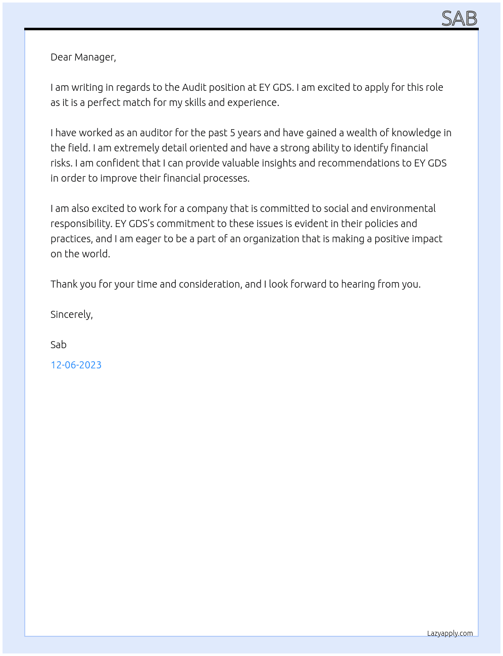 Audit At EY GDS Cover Letter