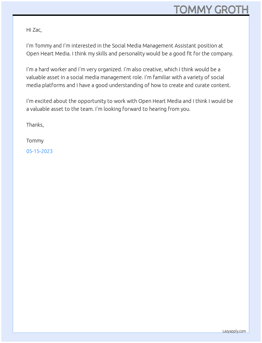 Social Media Management Assistant At Open Heart Media Cover Letter