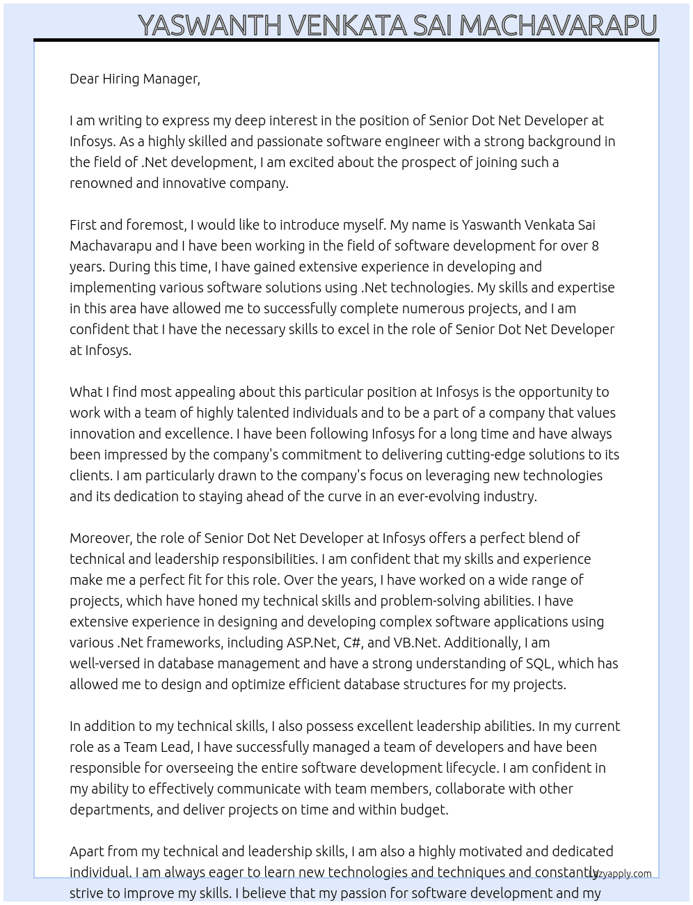Senior Dot Net Developer At Infosys Cover Letter