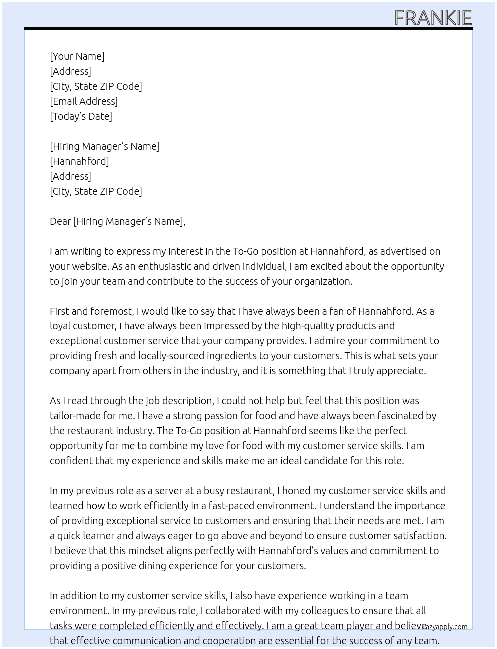 To-Go At Hannahford Cover Letter