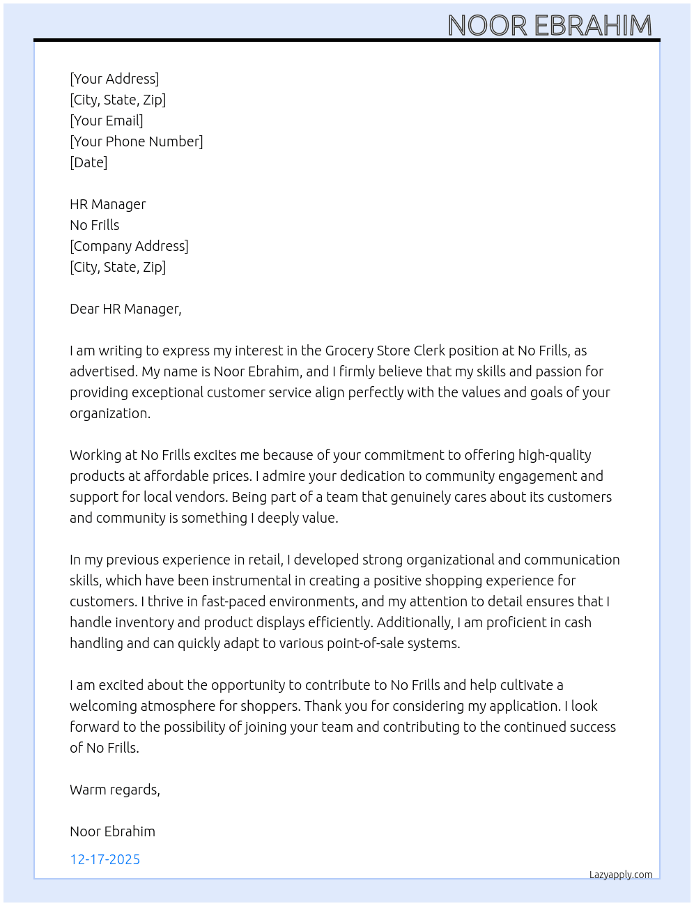 grocery store clerk  At no frills Cover Letter