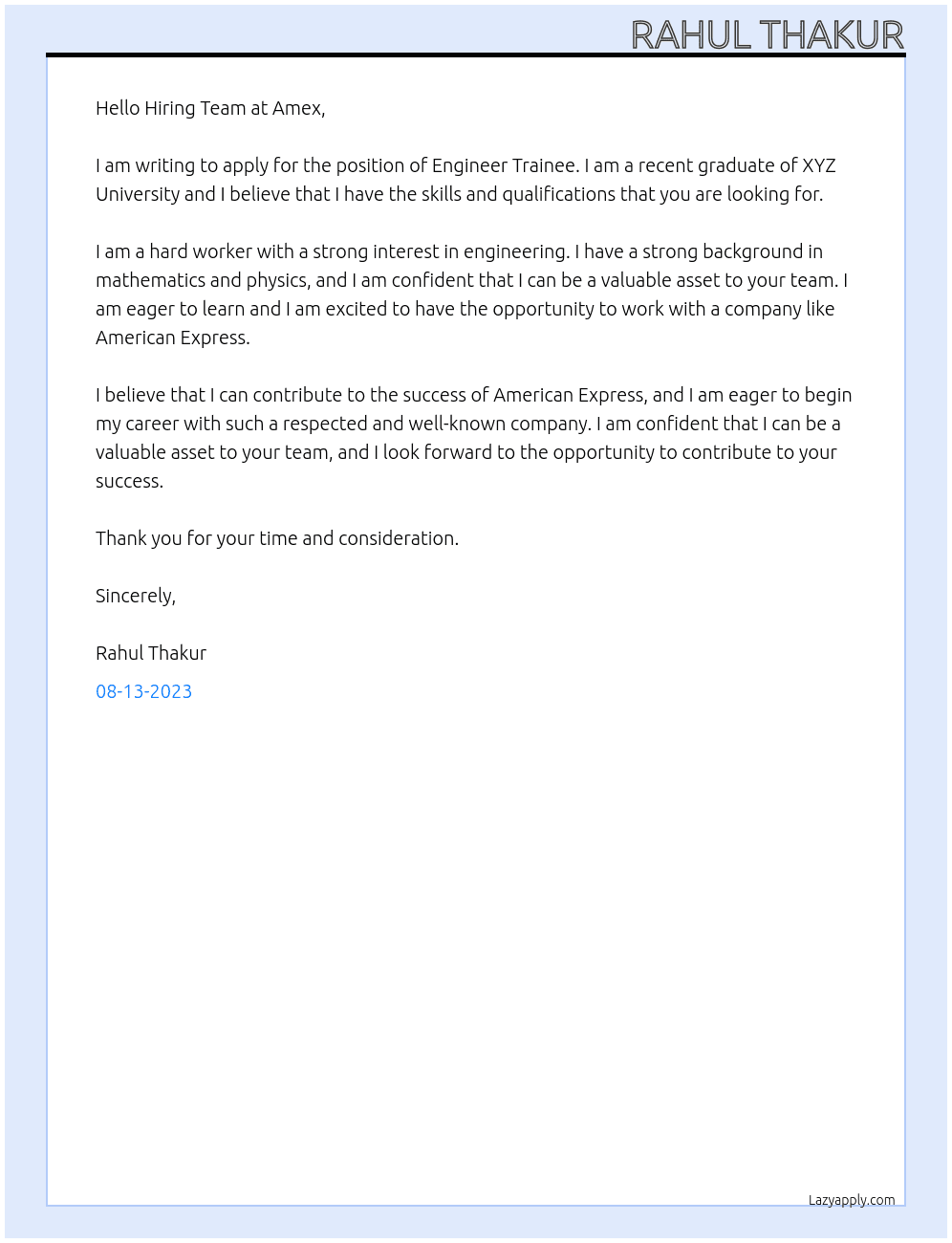 Engineer Trainee At American Express Cover Letter