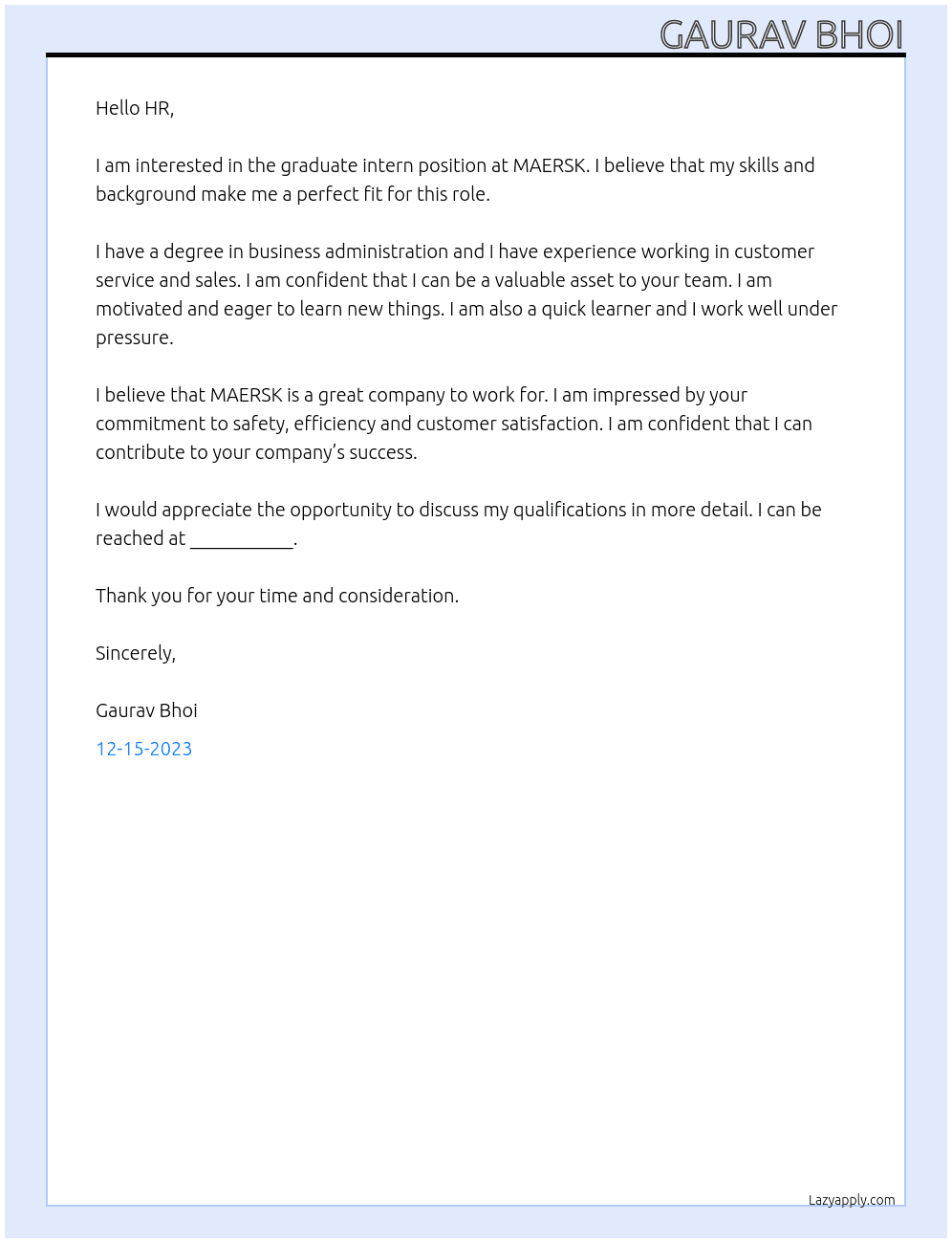 Graduate intern At MAERSK Cover Letter