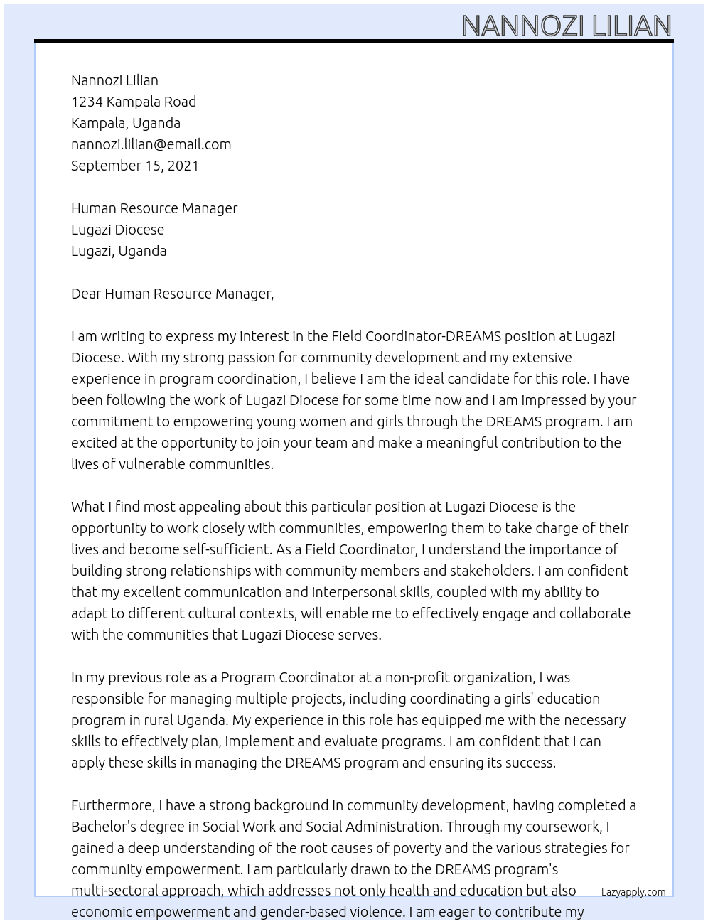 Field Coordinator-DREAMS  At Lugazi Diocese  Cover Letter