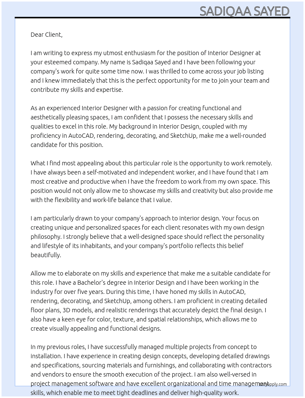 interior designer At client Cover Letter