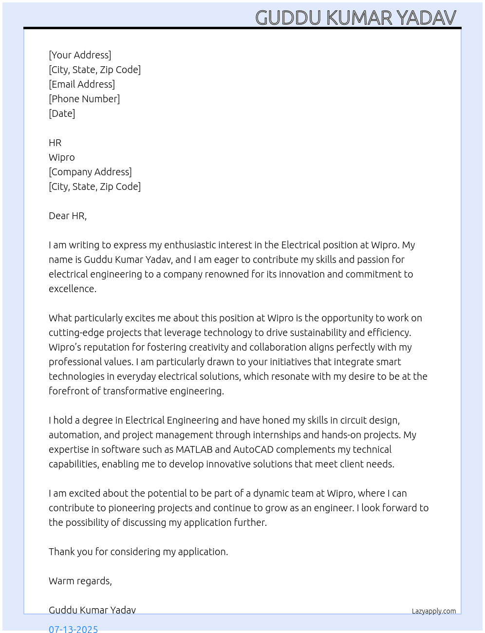 Electrical  At Wipro  Cover Letter