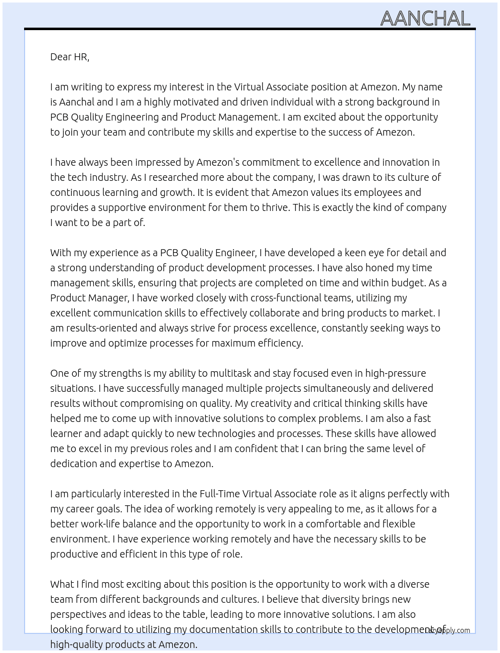 Virtual Associate  At Amezon  Cover Letter