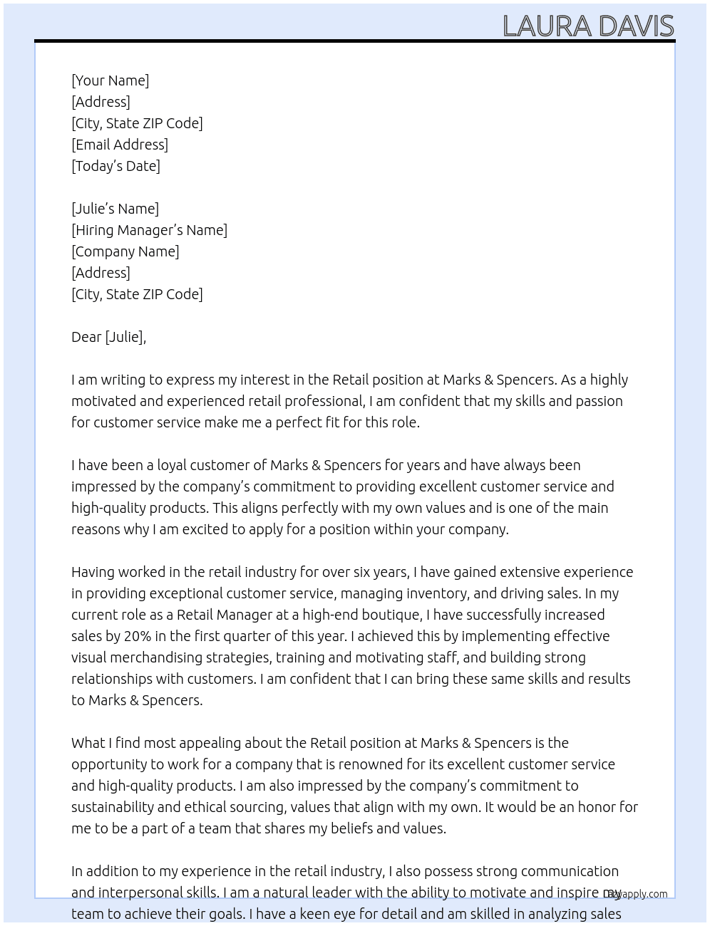 Retail At Marks & Spencers Cover Letter
