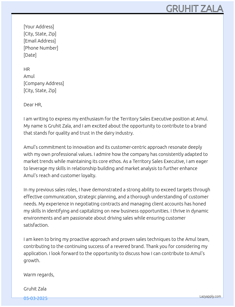 territory sales executive At Amul Cover Letter