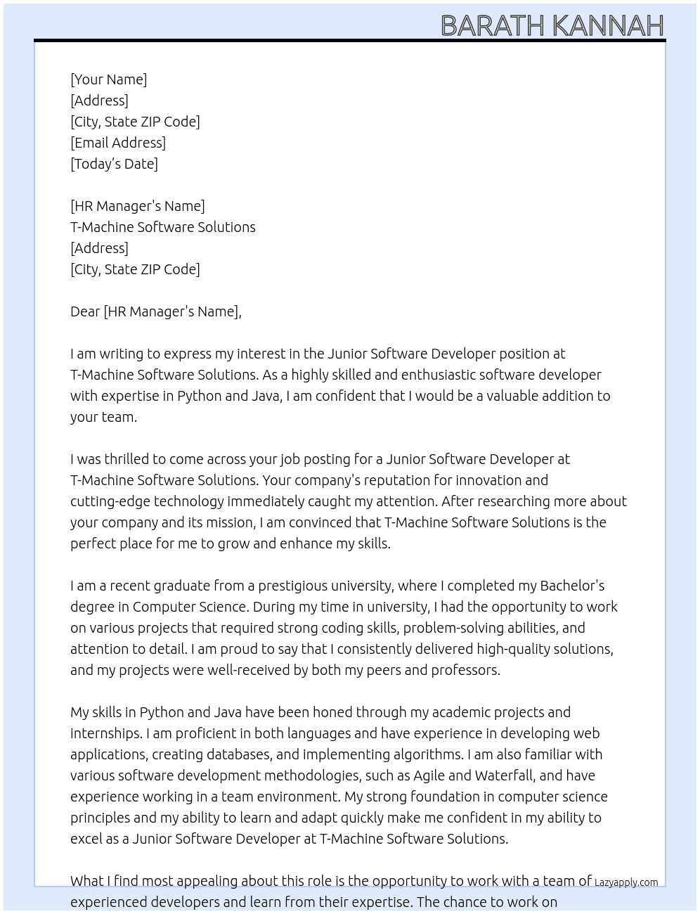 Junior software developer  At T-Machine Software solutions  Cover Letter