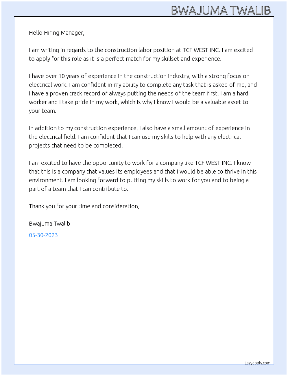 Construction labour At TCF WEST INC Cover Letter