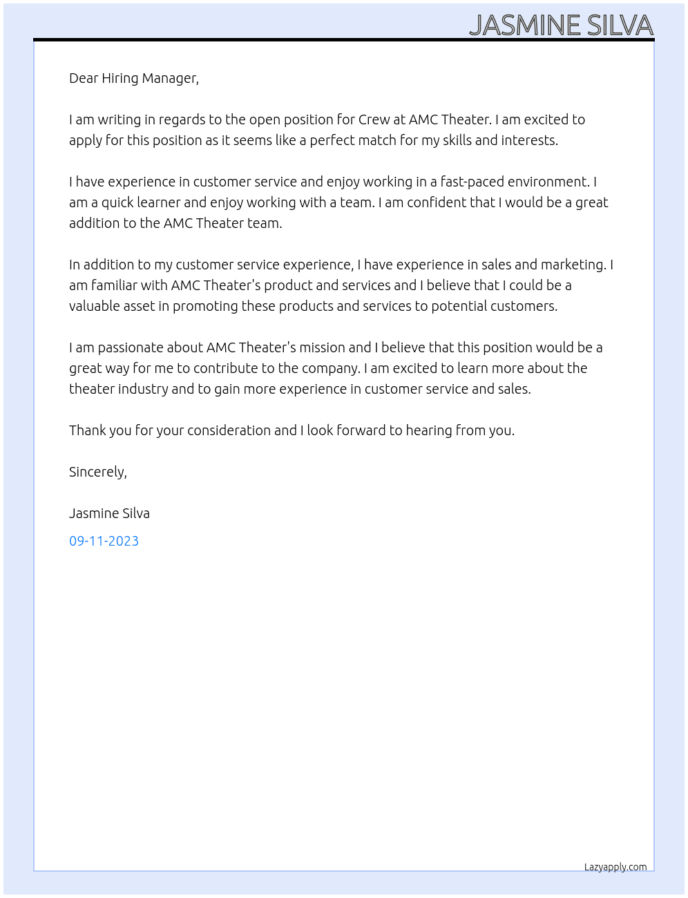 Crew At AMC Theater Cover Letter