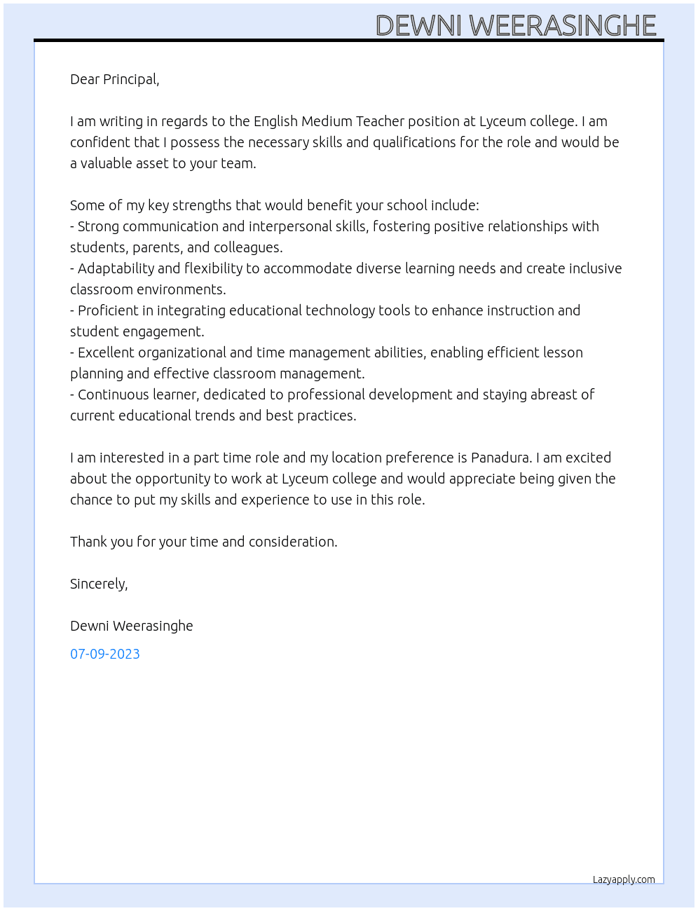 English Medium Teacher  At Lyceum college   Cover Letter