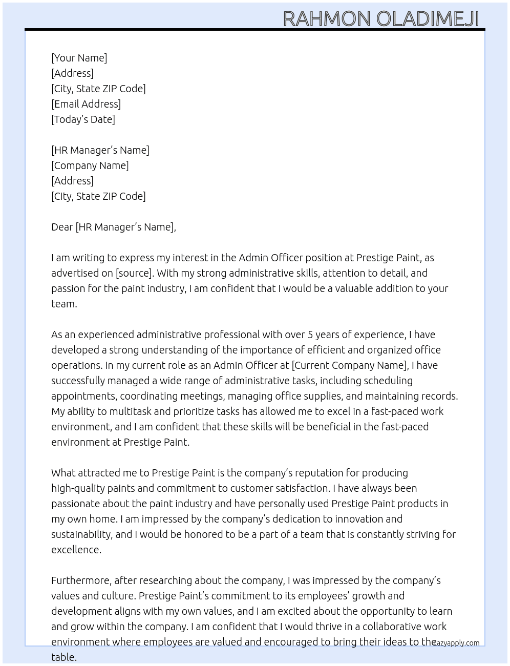 Admin officer At Prestige paint  Cover Letter