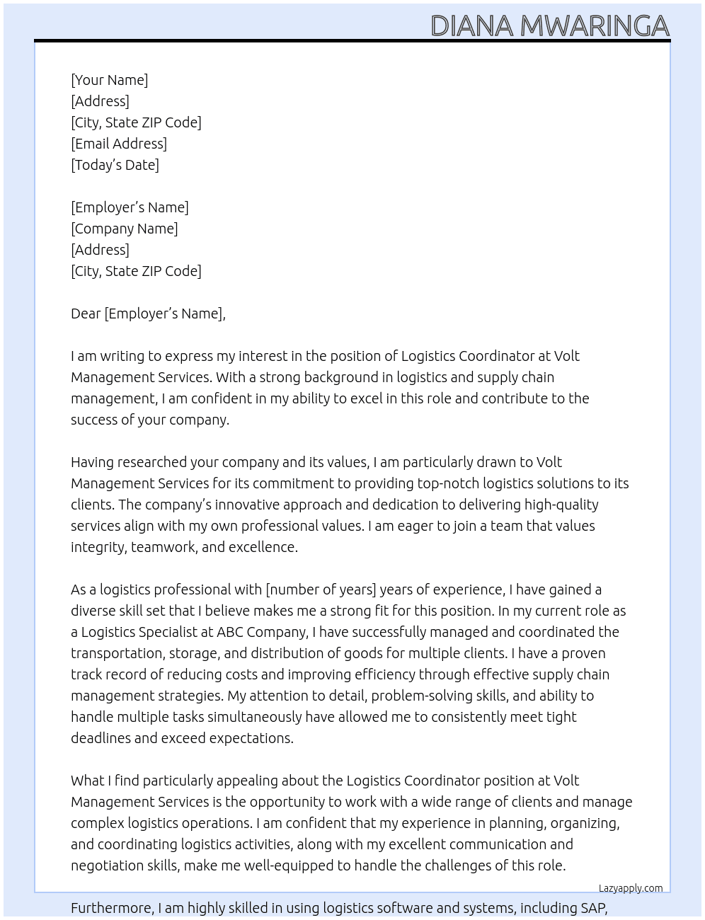 Logistics Coordinator At Volt Management Services Cover Letter