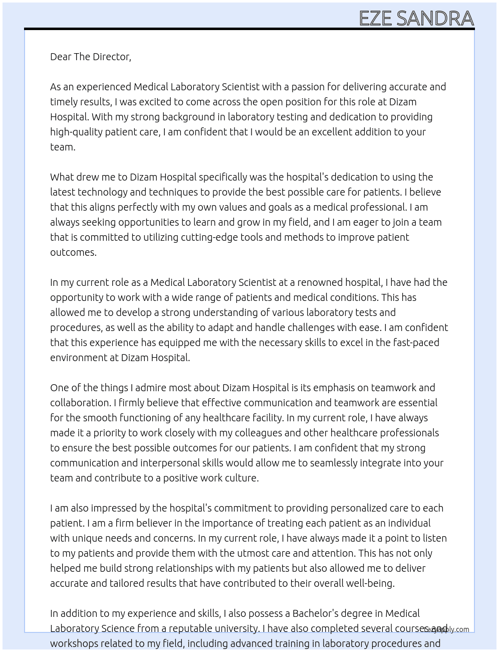 Medical Laboratory scientist  At Dizam hospital  Cover Letter