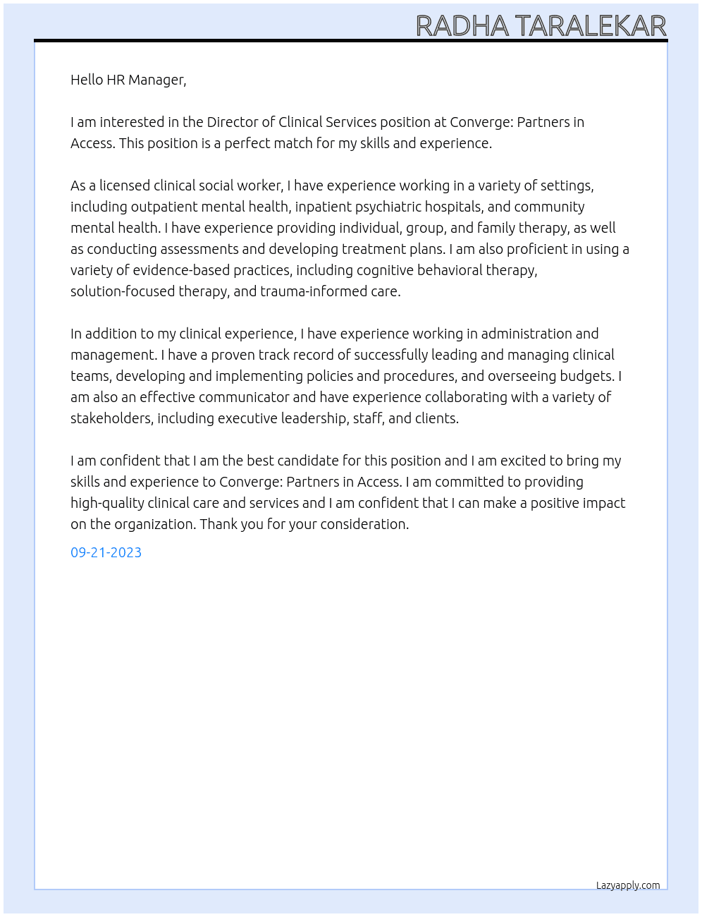 Director of Clinical Services At Converge: Partners in Access Cover Letter