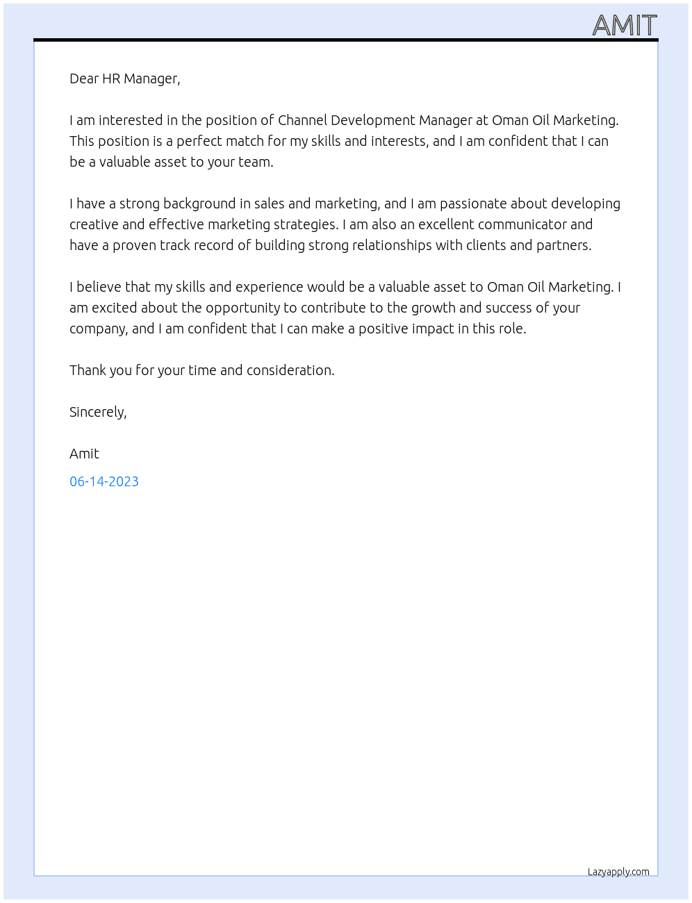 Channel Development manager At Oman Oil Marketing  Cover Letter