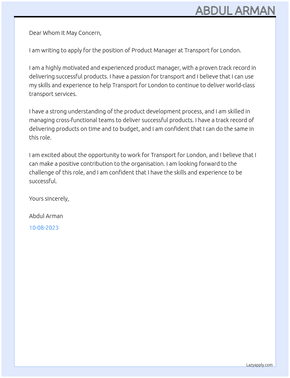 Product Manager At Transport for London Cover Letter