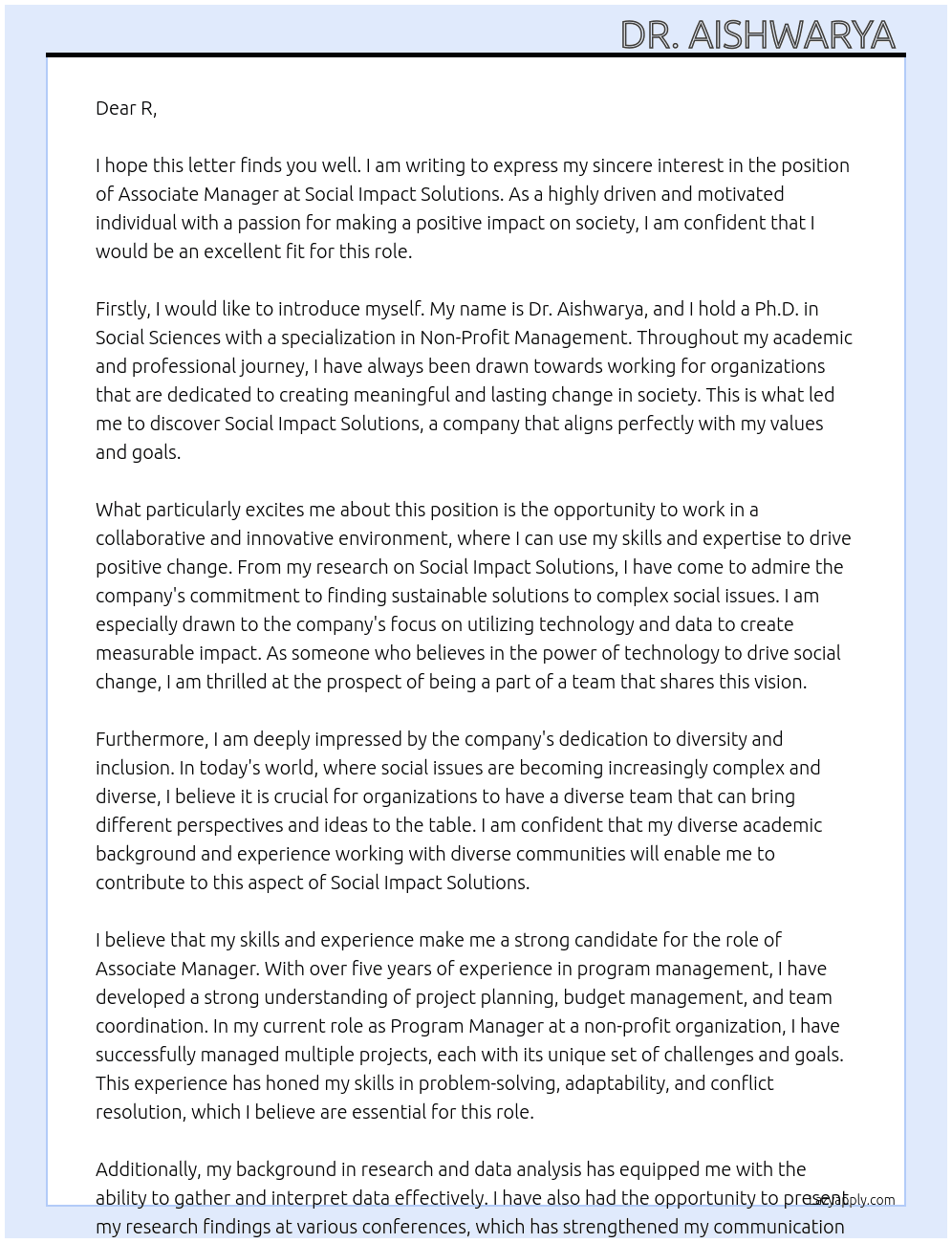 Associate Manager  At Social Impact solutions  Cover Letter
