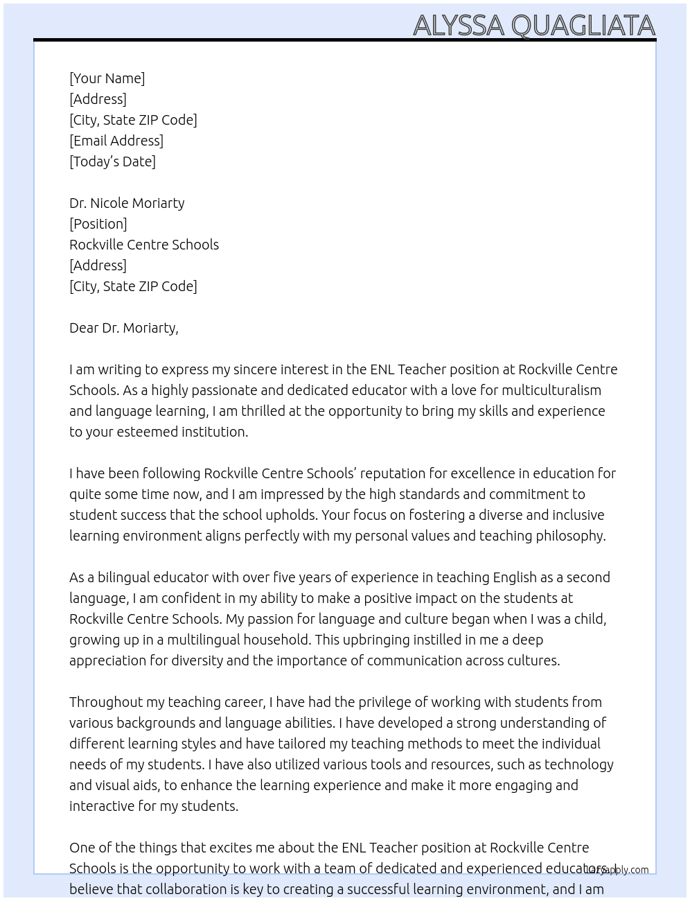 ENL Teacher At Rockville Centre Schools Cover Letter