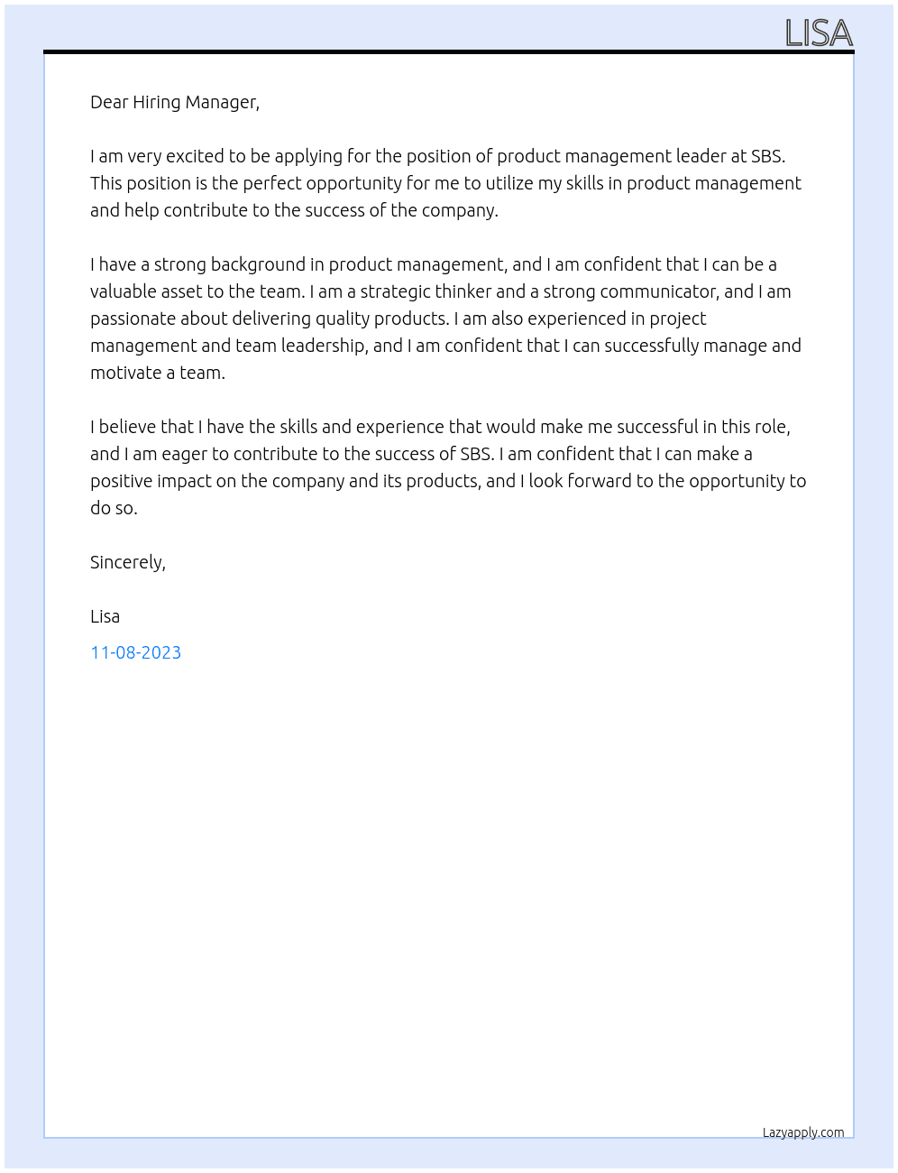 product management leader At SBS Cover Letter