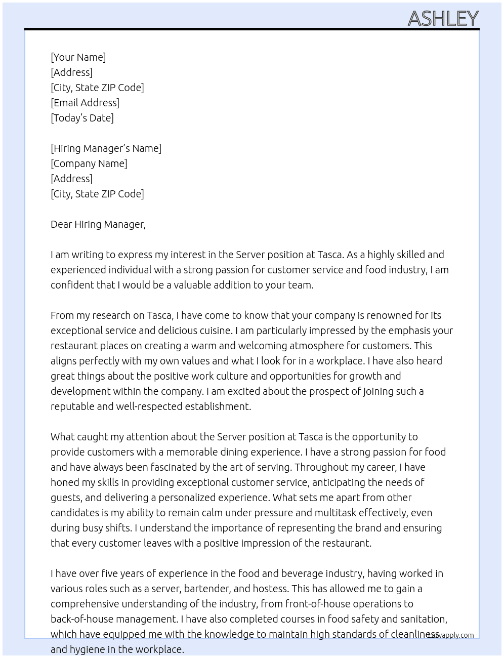 Server At Tasca Cover Letter
