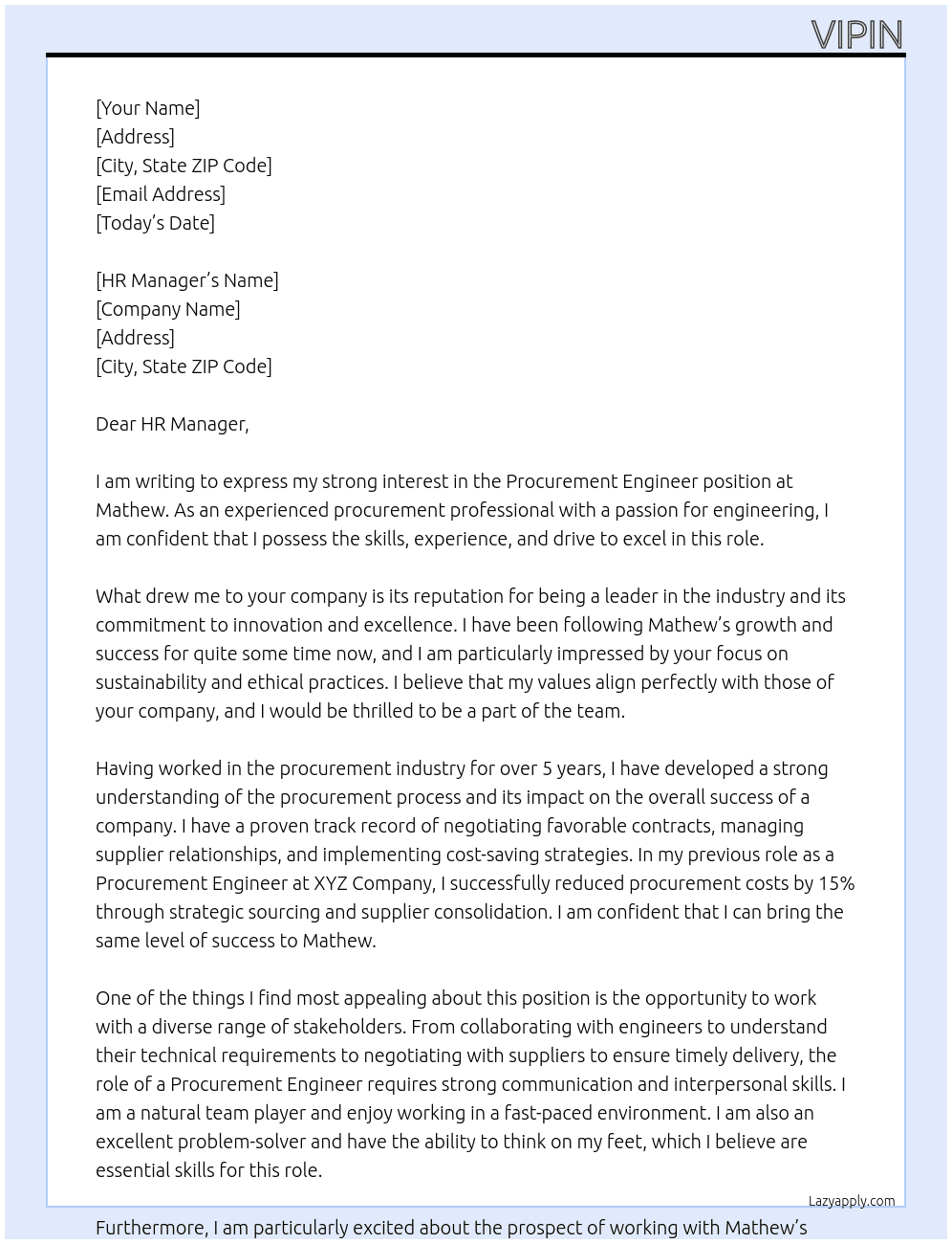 Procurement Engineer At Mathew Cover Letter