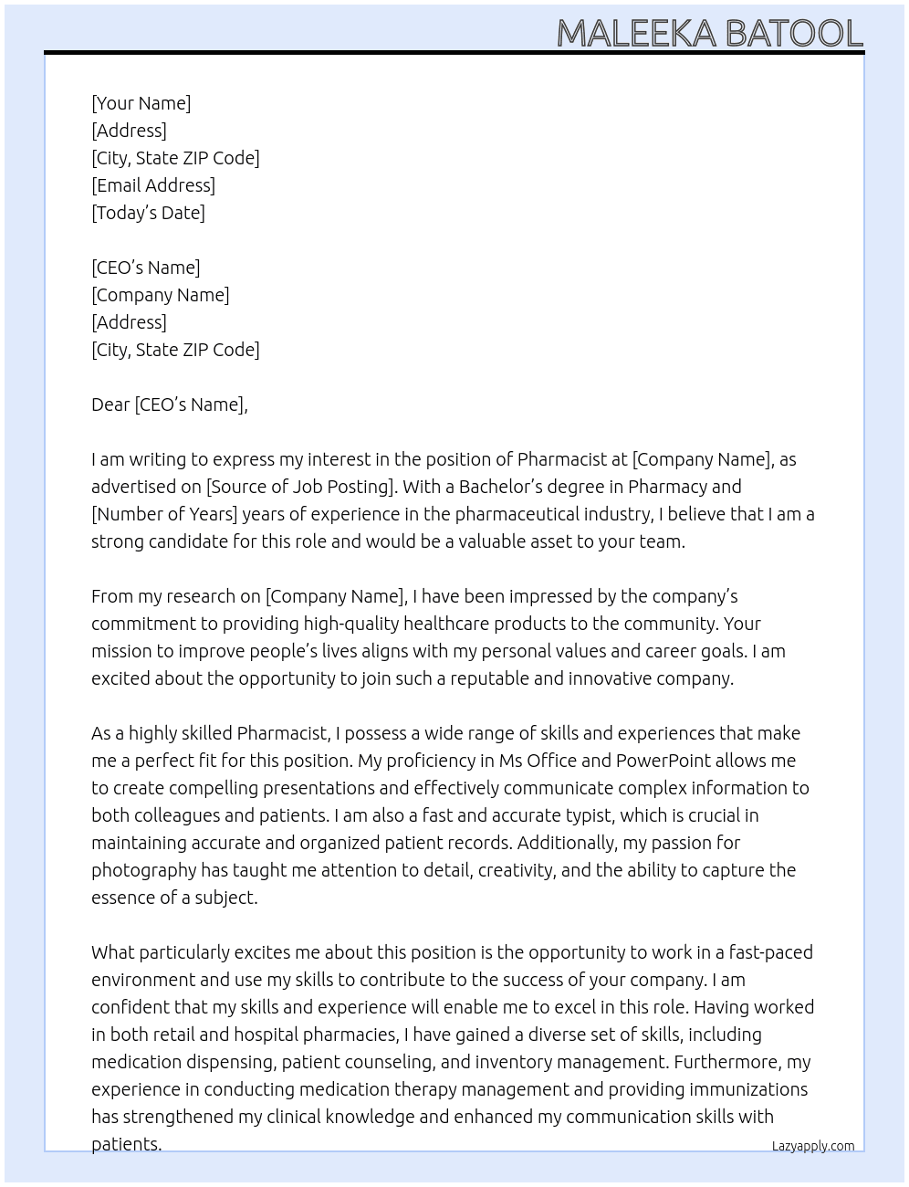 Pharmacist  At Company  Cover Letter