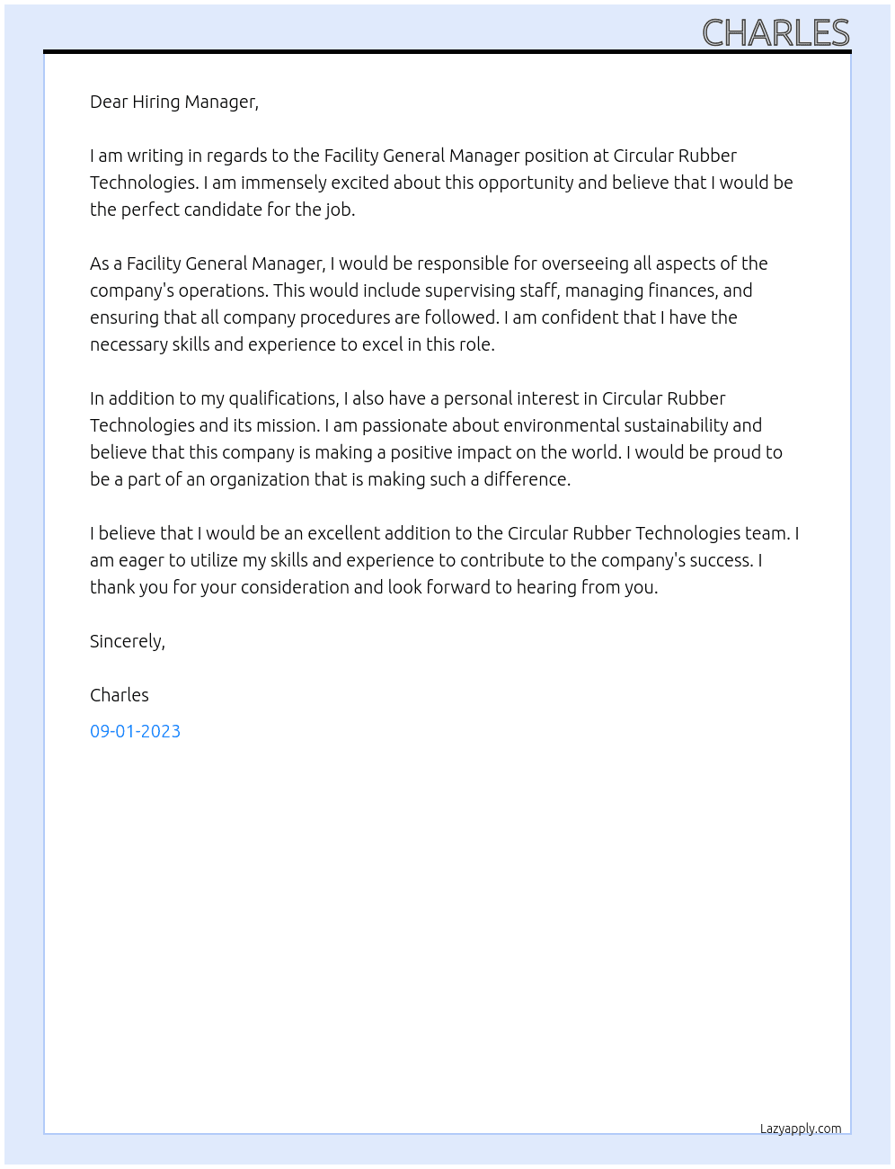 Facility General Manager At Circular Rubber Technologies Cover Letter