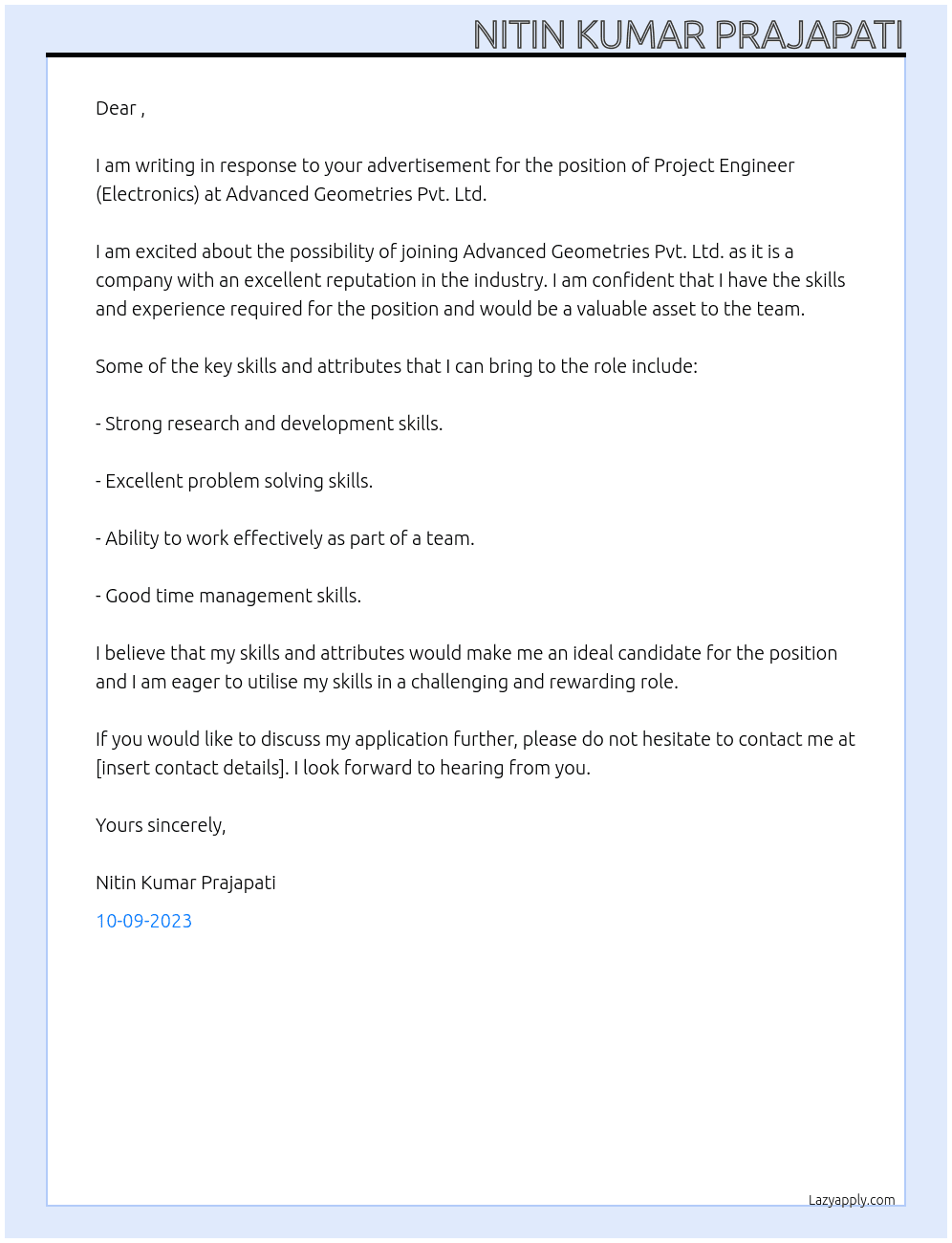 Poject engineer( electronics) At Advanced Geometries Pvt. Ltd. Cover Letter