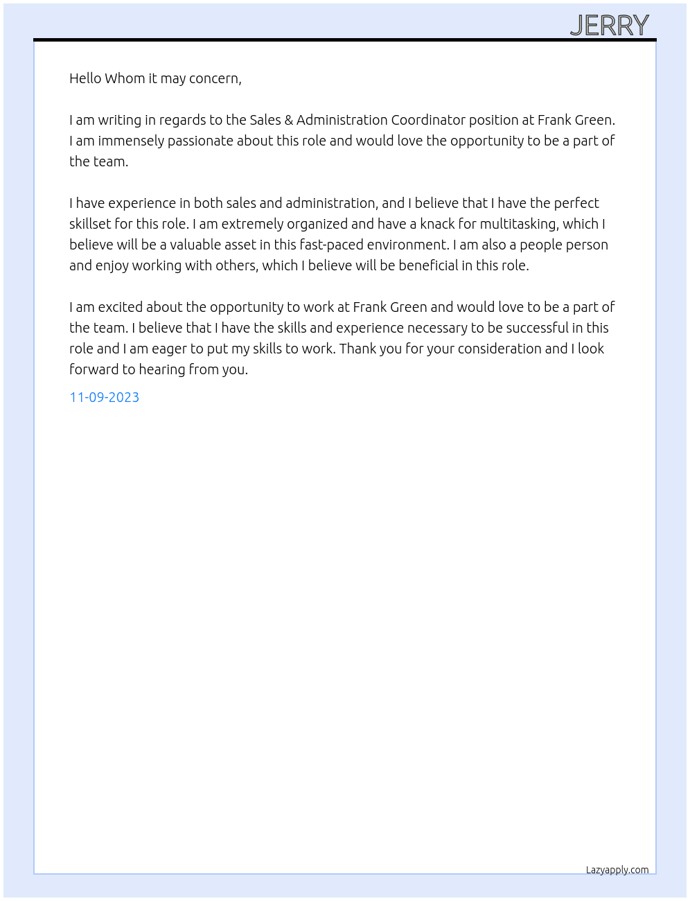 Sales & Administration Coordinator At Frank Green Cover Letter