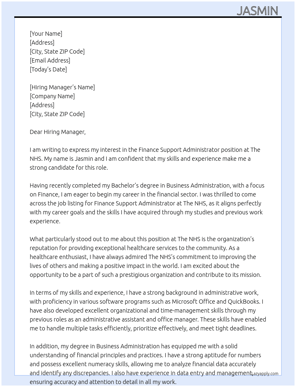 Finance Support Administrator At The NHS Cover Letter