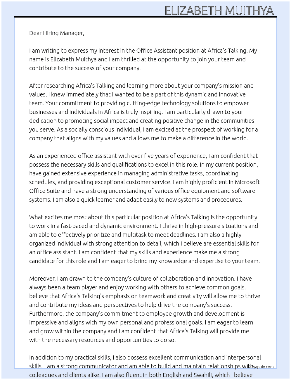 Office Assistant  At Africa's Talking  Cover Letter