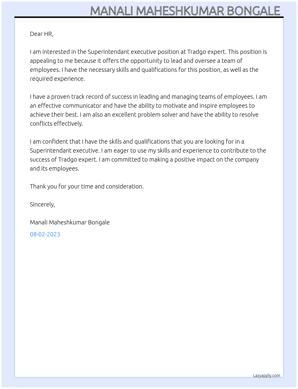 Super intendent executive  At Tradgo expert  Cover Letter