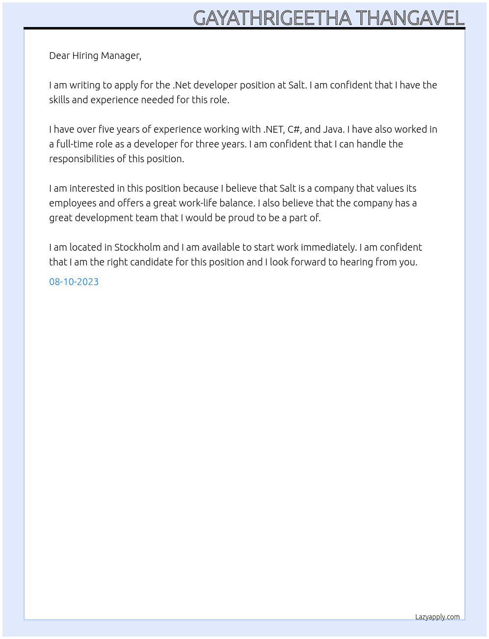 .Net developer At Salt Cover Letter