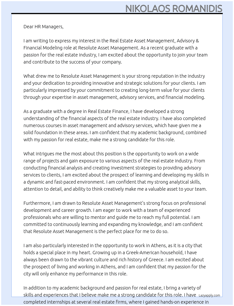 Real Estate Asset Management, Advisory & Financial Modeling At Resolute Asset Management Cover Letter