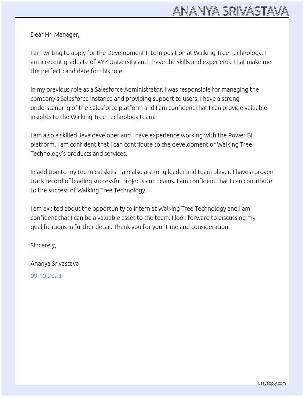 Development Intern At Walking Tree Technology Cover Letter